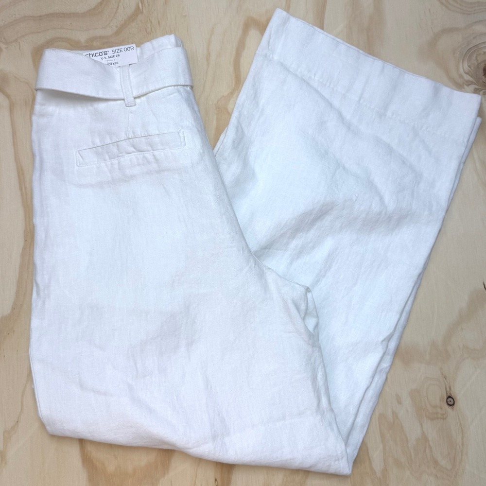 Chicos White 100% Linen Wide Leg Belted Trousers Pants Size 00R US 2R High Rise - Picture 9 of 9